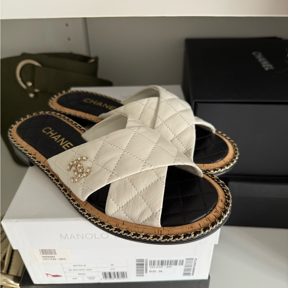 CHANEL Women's Quilted Cream Sandals